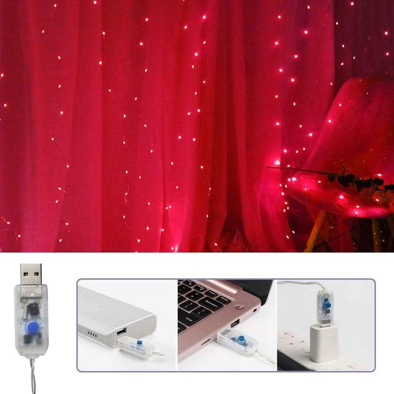 Vicila 300 LED Curtain Christmas String Lights, Backdrop Fairy Lights With Remote Control USB Power 8 Lighting Modes Window Red Lights for Bedroom, Home, Xmas, Valentines Day Decor - 9.8ft x 9.8ft - Image 3